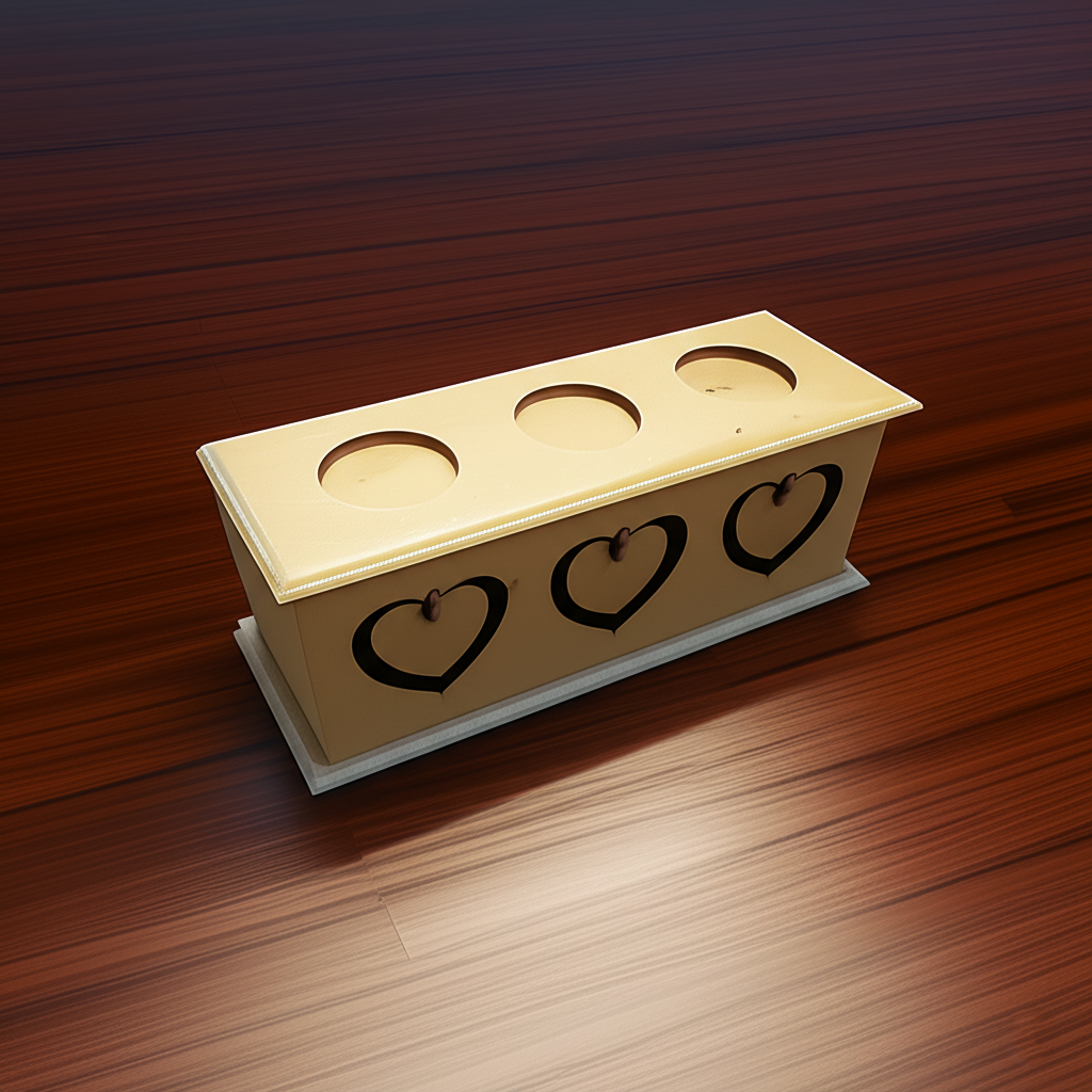 Full top view of MDF heart-cut platter placed on a wooden table.