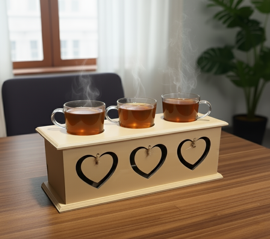 MDF platter with hearts, holding three cups of tea
