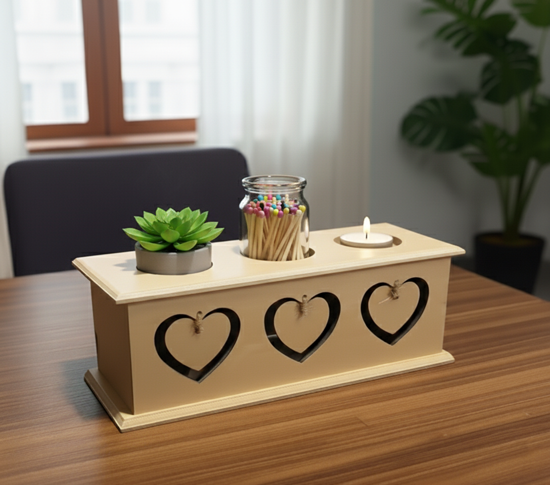 MDF platter with hearts, holding a plant, jar of matches, and a candle