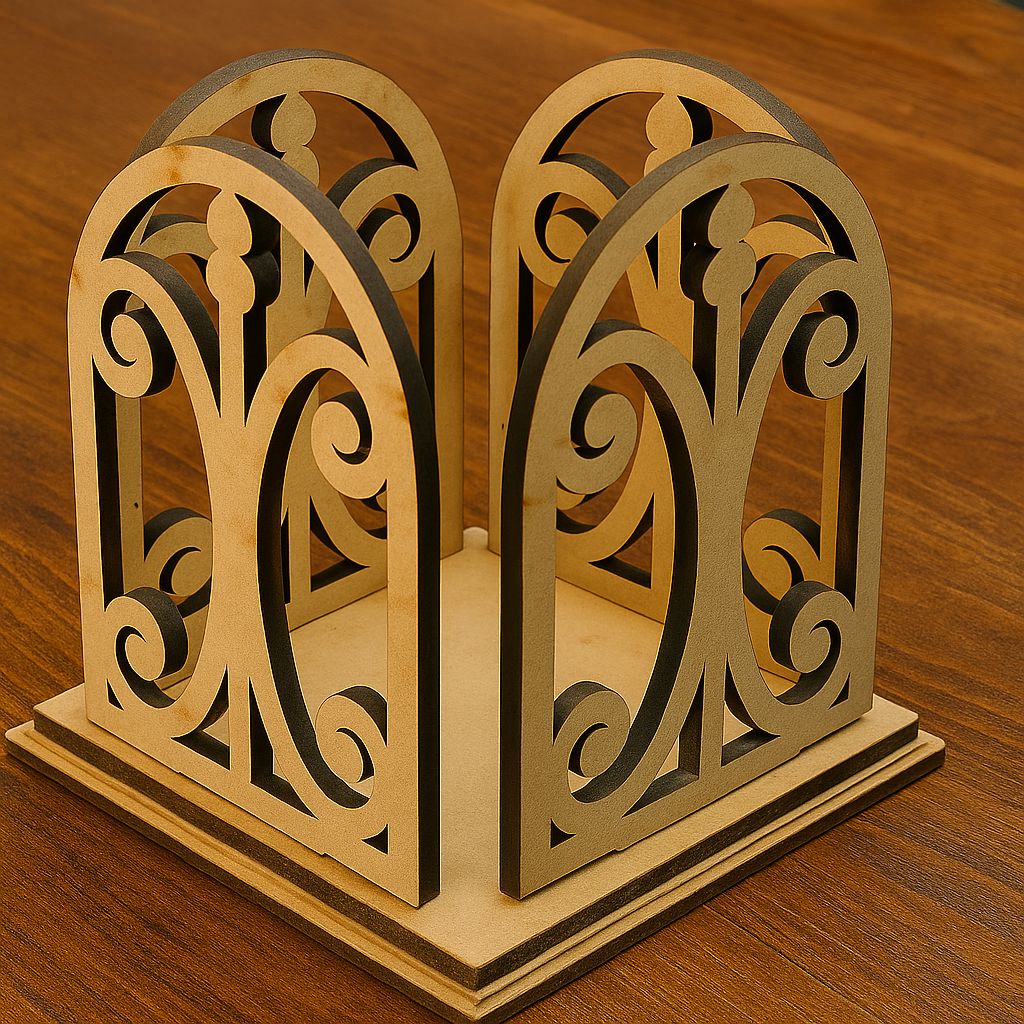 Ornate MDF platter with arched scroll-cut sides on wooden surface.