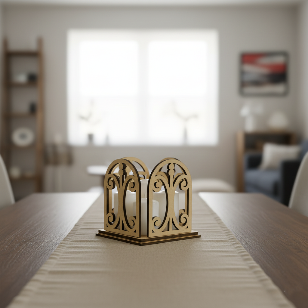 MDF candle holder with pillar candles on a table