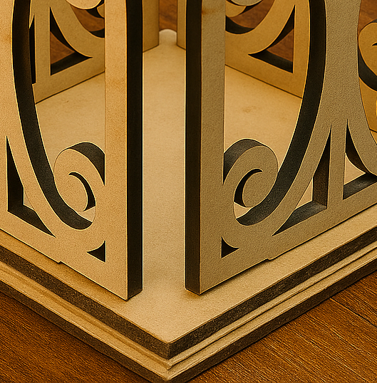 Close-up of MDF platter showing detailed cutwork and layered base.