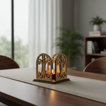 MDF candle holder with pillar candles on a table