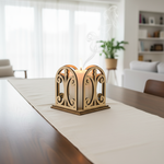 MDF candle holder with pillar candles on a table