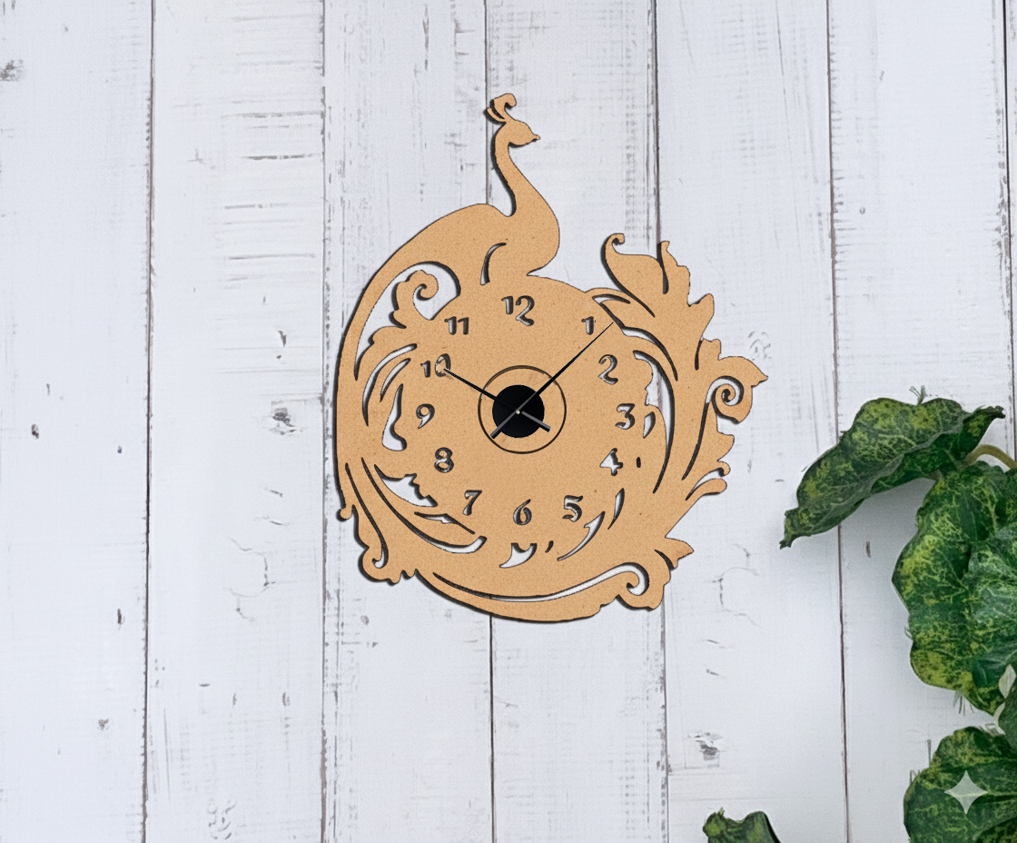 Unfinished raw MDF peacock wall clock with intricate cutwork design – DIY craft wall décor clock