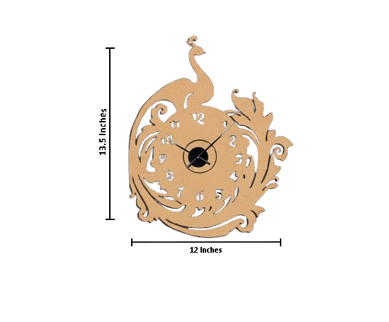 Decorative DIY MDF wall clock with measurements on a white background