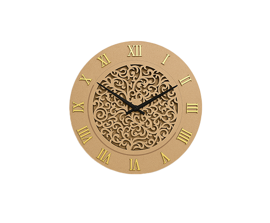 MDF DIY wall clock with decorative face and gold Roman numerals on a white background