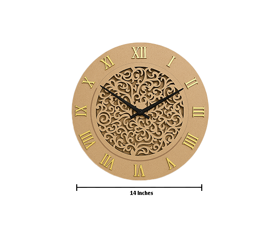 MDF DIY wall clock with decorative face and Roman numerals, shown with a measurement label on a white background.