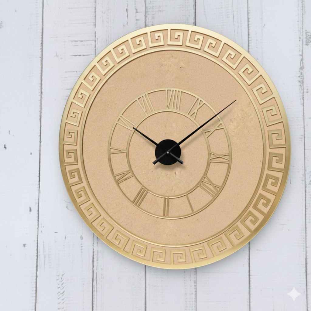 Decorative DIY wall clock with Roman numeral design on a light wooden background
