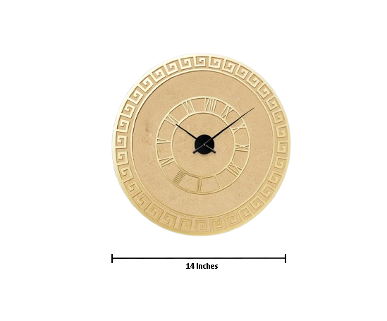 Gold wall clock with Roman numeral markers on a white background