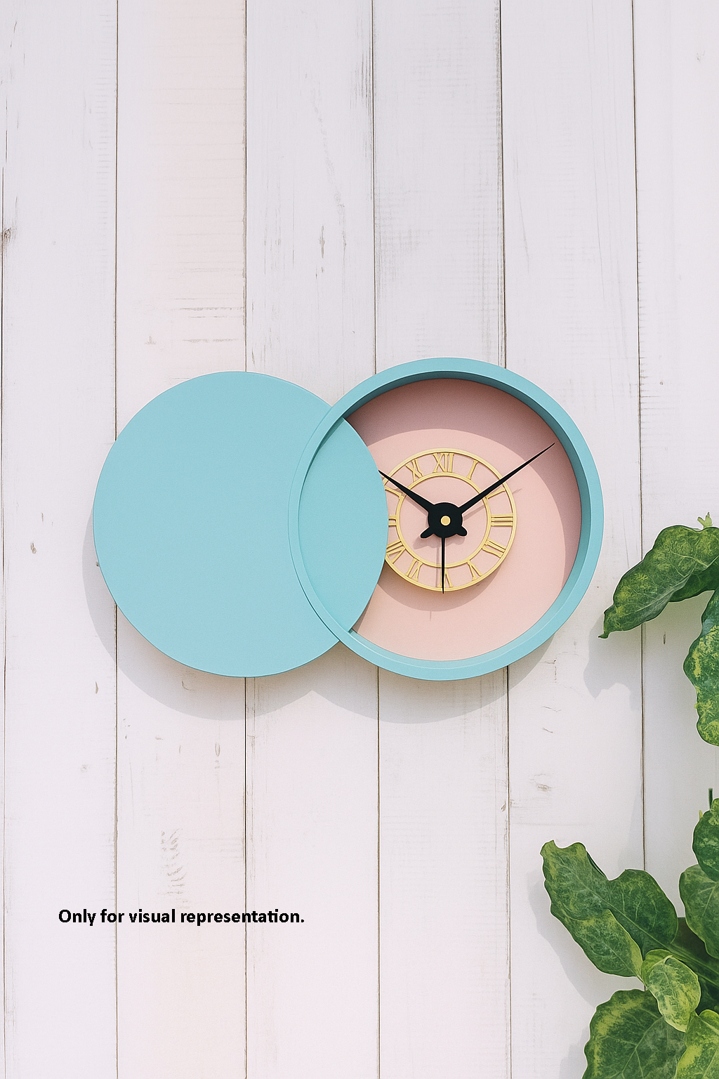 Round Shadow wall clock with a light blue casing on a white wooden background
