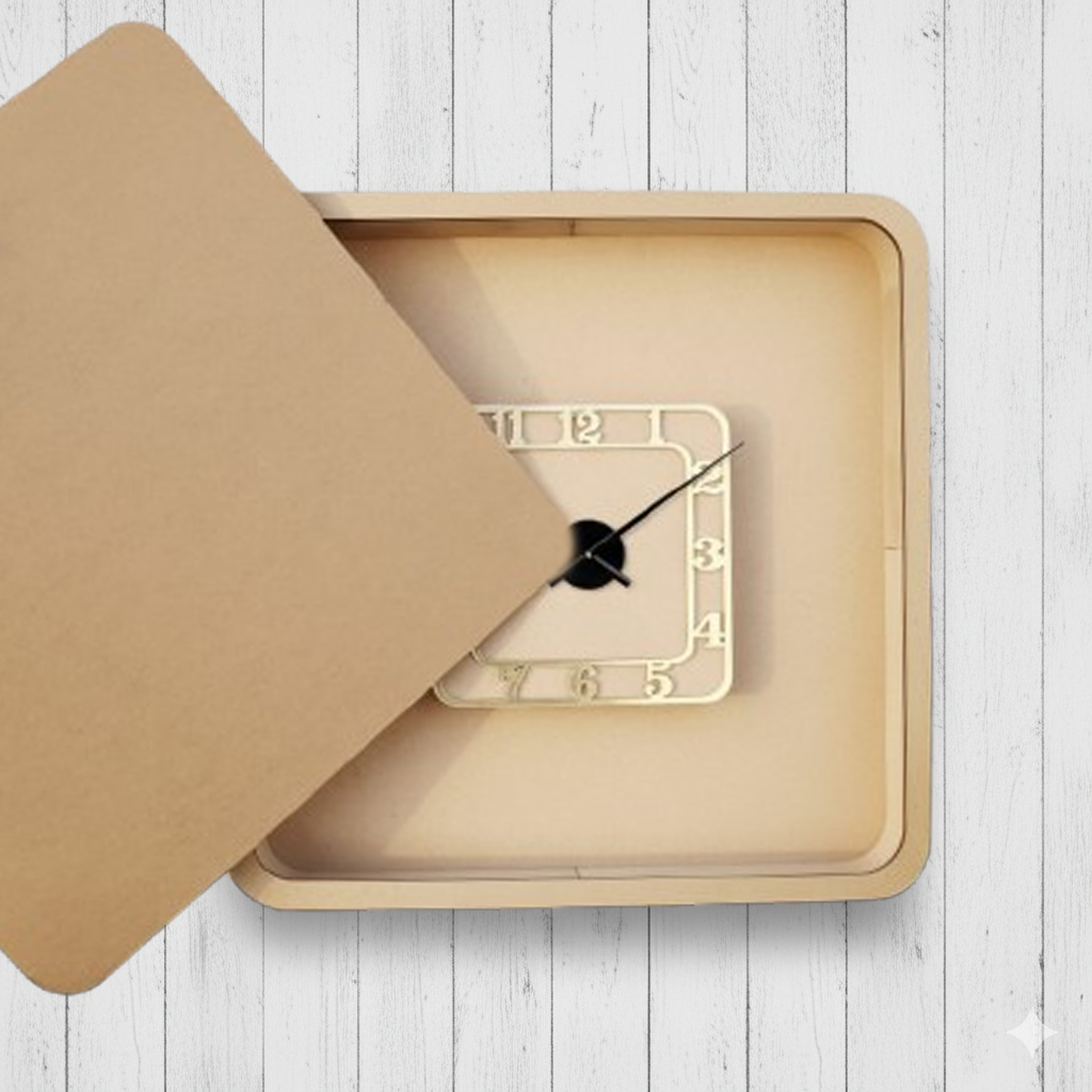 MDF clock with a square face on a mdf board surface
