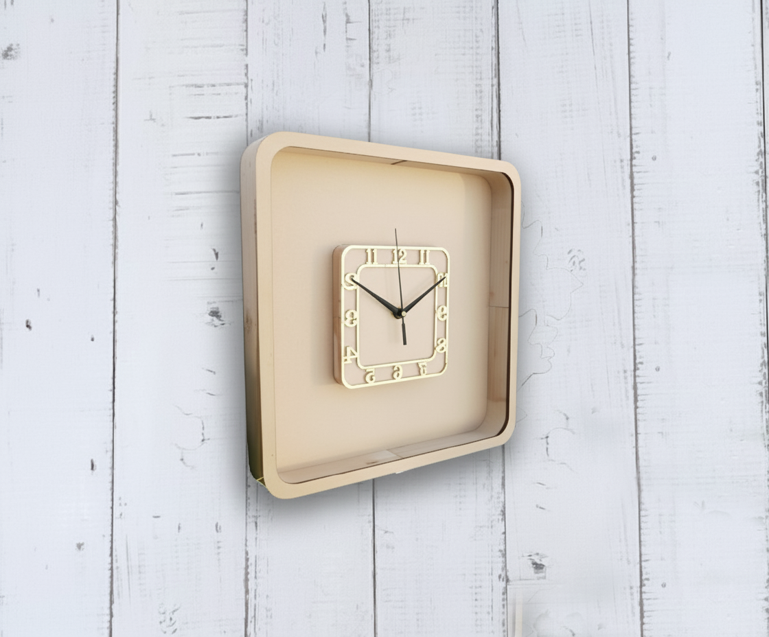 MDF Shadow square wall clock on a light wooden background
