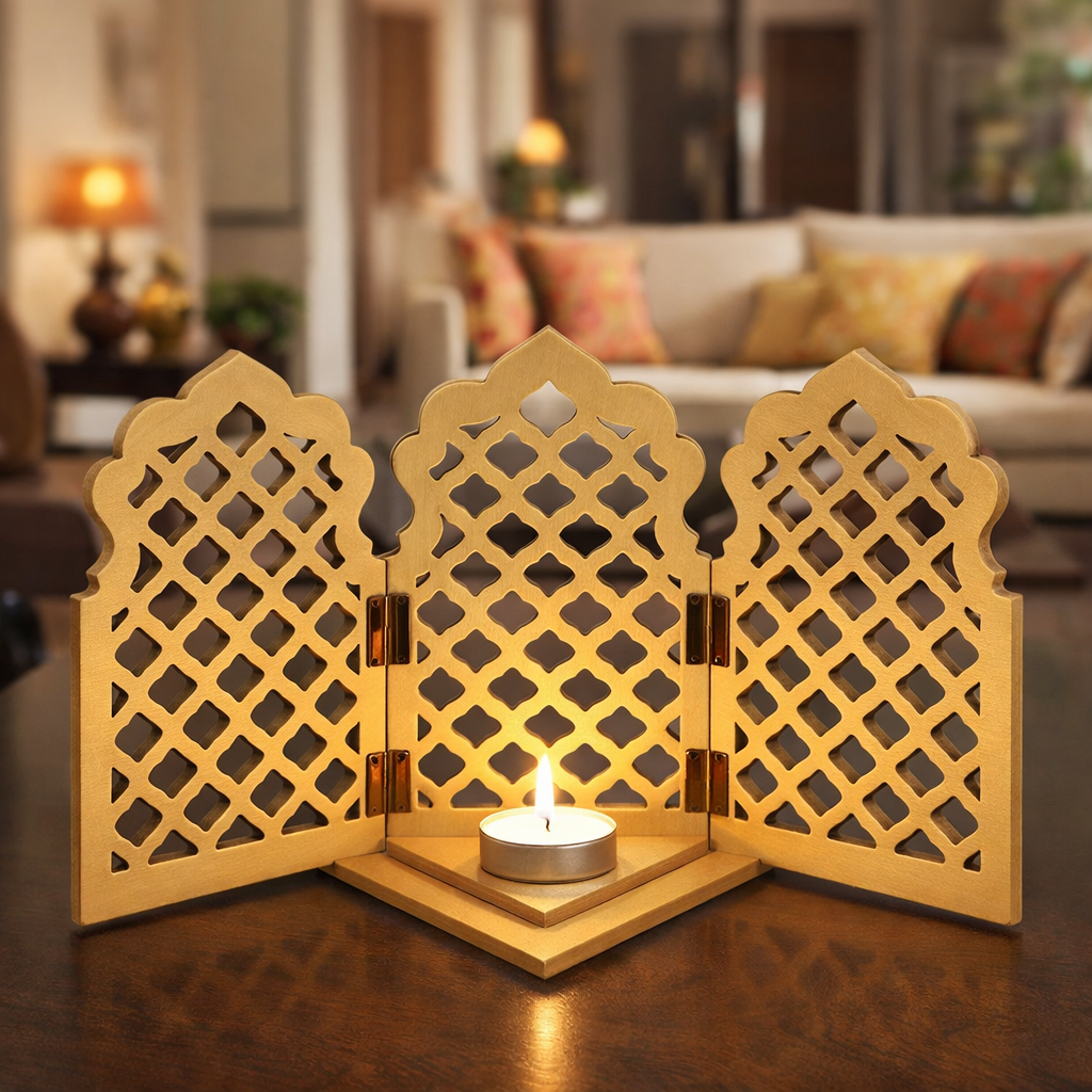 Unpainted MDF DIY sconce with lattice cut design and tealight candle holder for home decor and craft painting.