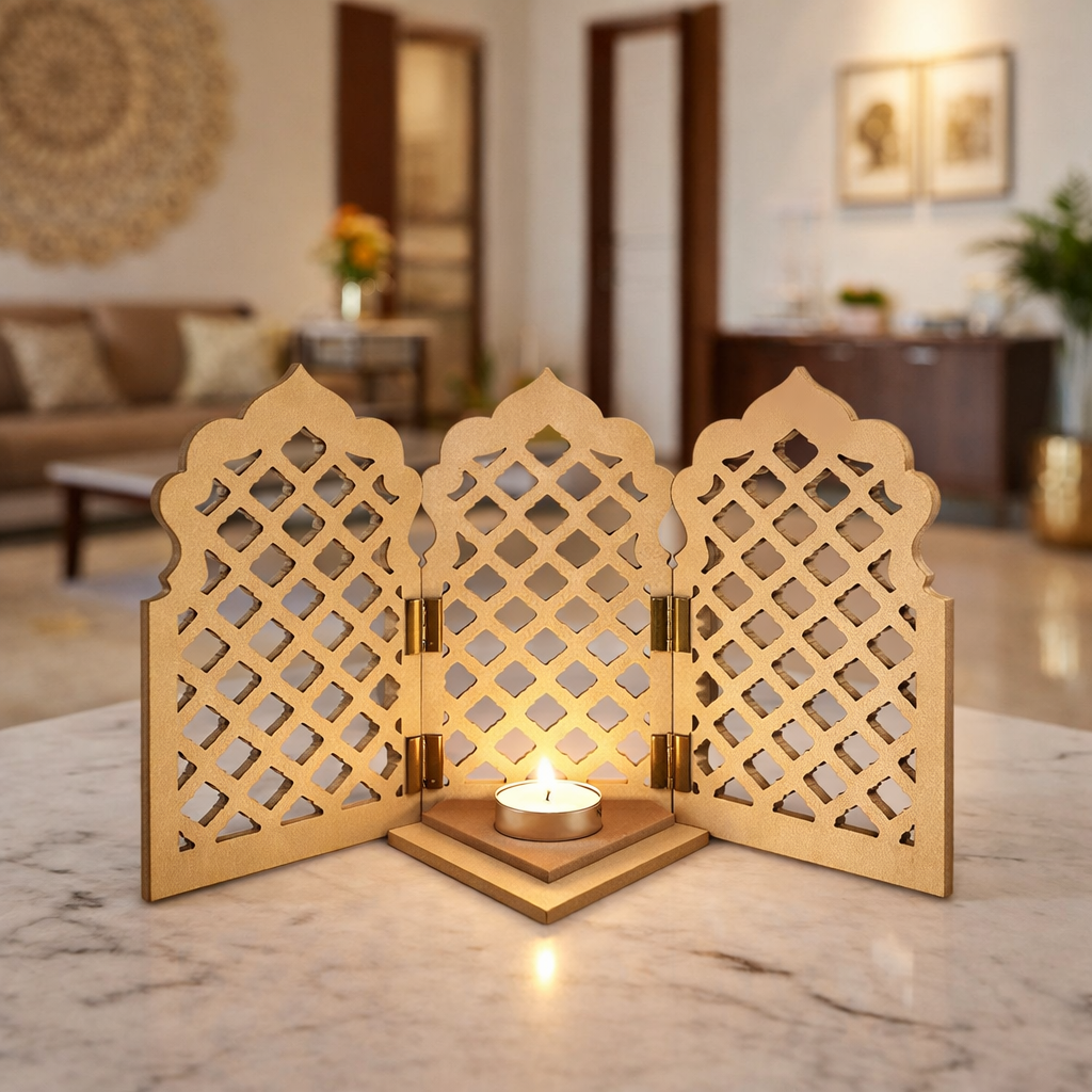 Unpainted MDF DIY sconce with lattice cut design and tealight candle holder for home decor and craft painting.
