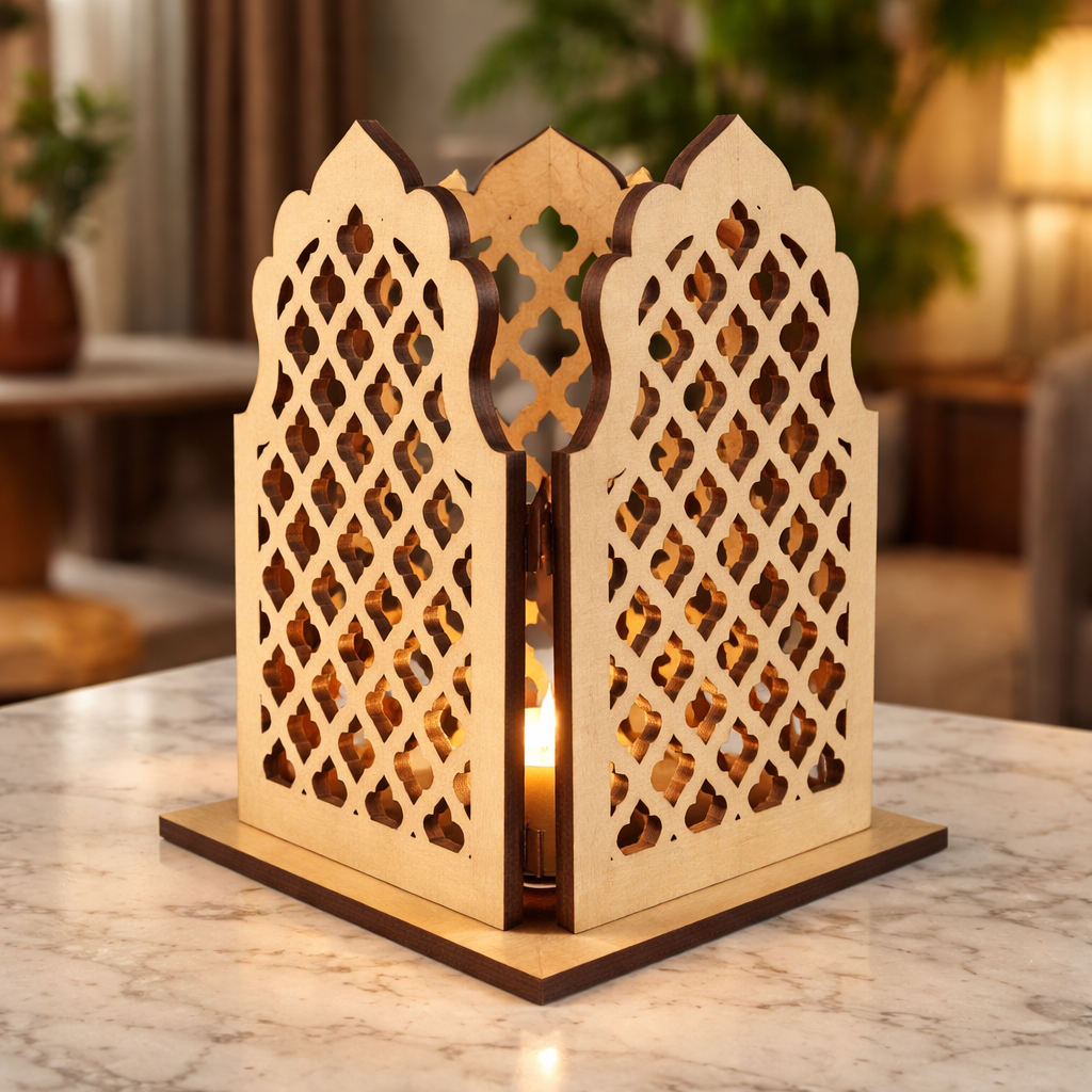 Unpainted MDF DIY sconce with folded lattice panel design and tealight candle holder for home decor and craft painting.