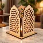 Unpainted MDF DIY sconce with folded lattice panel design and tealight candle holder for home decor and craft painting.
