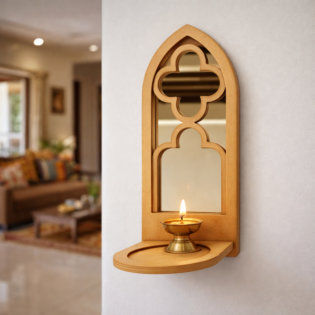 Unpainted MDF wall-mounted DIY sconce with arched mirror design and diya for home decor and craft painting.