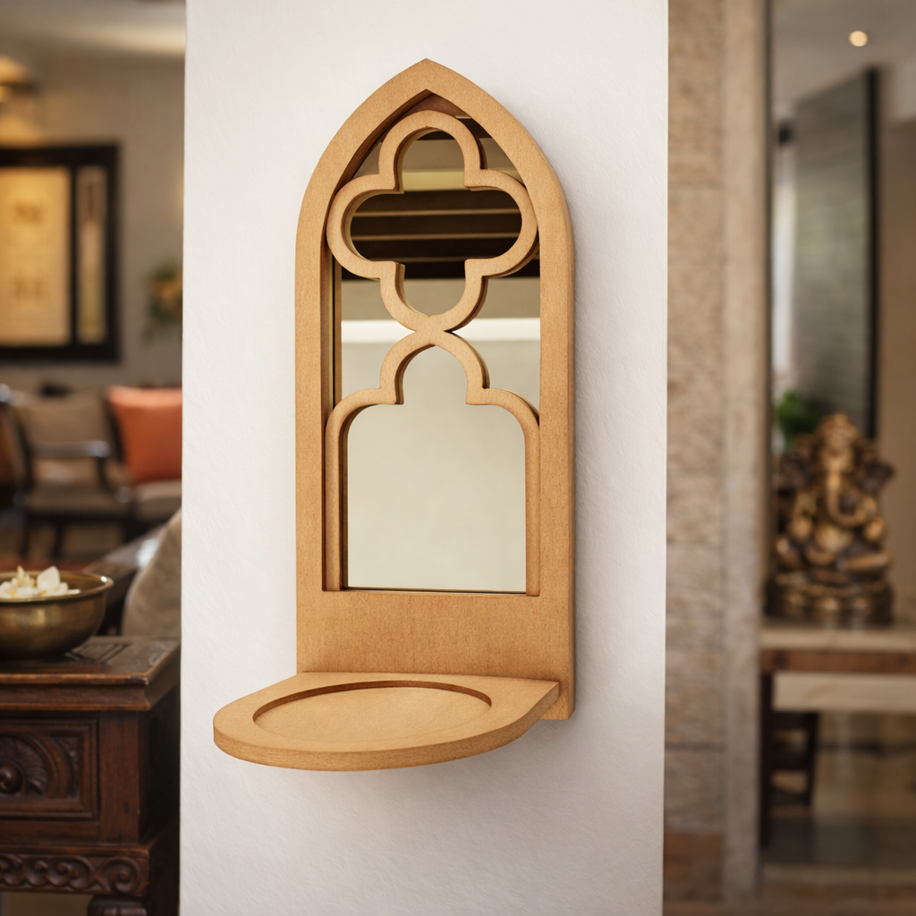 Unpainted MDF wall-mounted DIY sconce with arched mirror design  for home decor and craft painting.