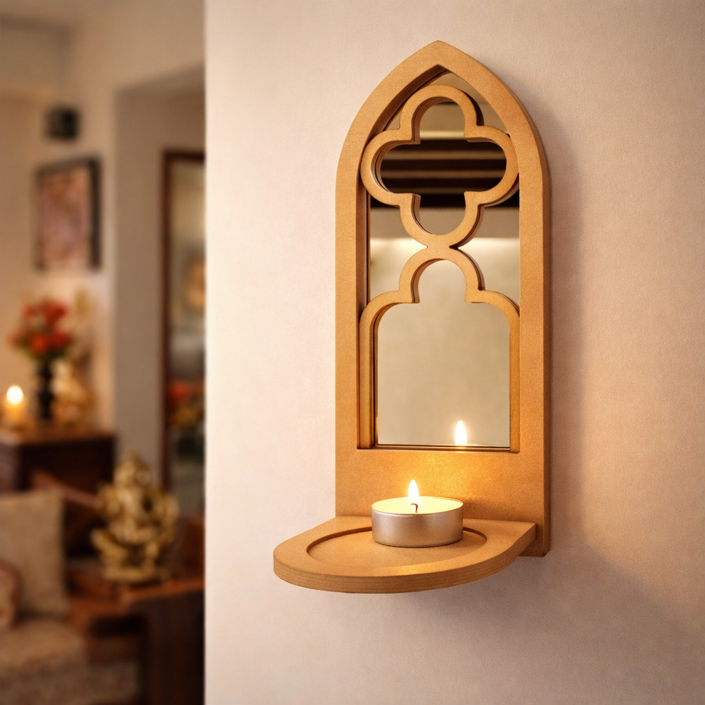 Unpainted MDF wall-mounted DIY sconce with arched mirror design and tealight candle holder for home decor and craft painting.
