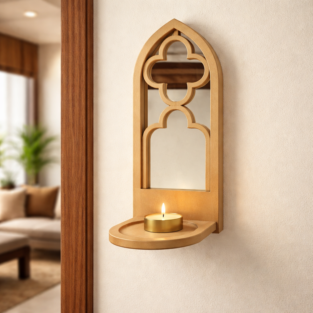 Unpainted MDF wall-mounted DIY sconce with arched mirror design and tealight candle holder for home decor and craft painting.