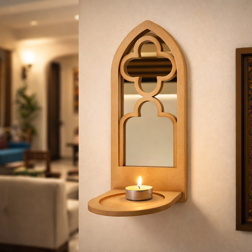 Unpainted MDF wall-mounted DIY sconce with arched mirror design and tealight candle holder for home decor and craft painting.