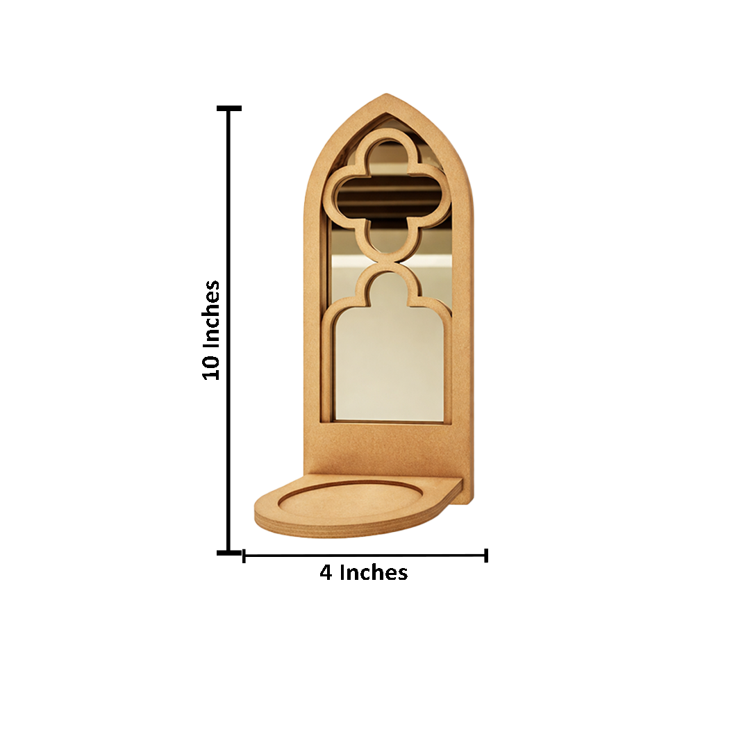 Unpainted MDF wall-mounted DIY sconce with arched mirror design and tealight candle holder for home decor and craft painting with size