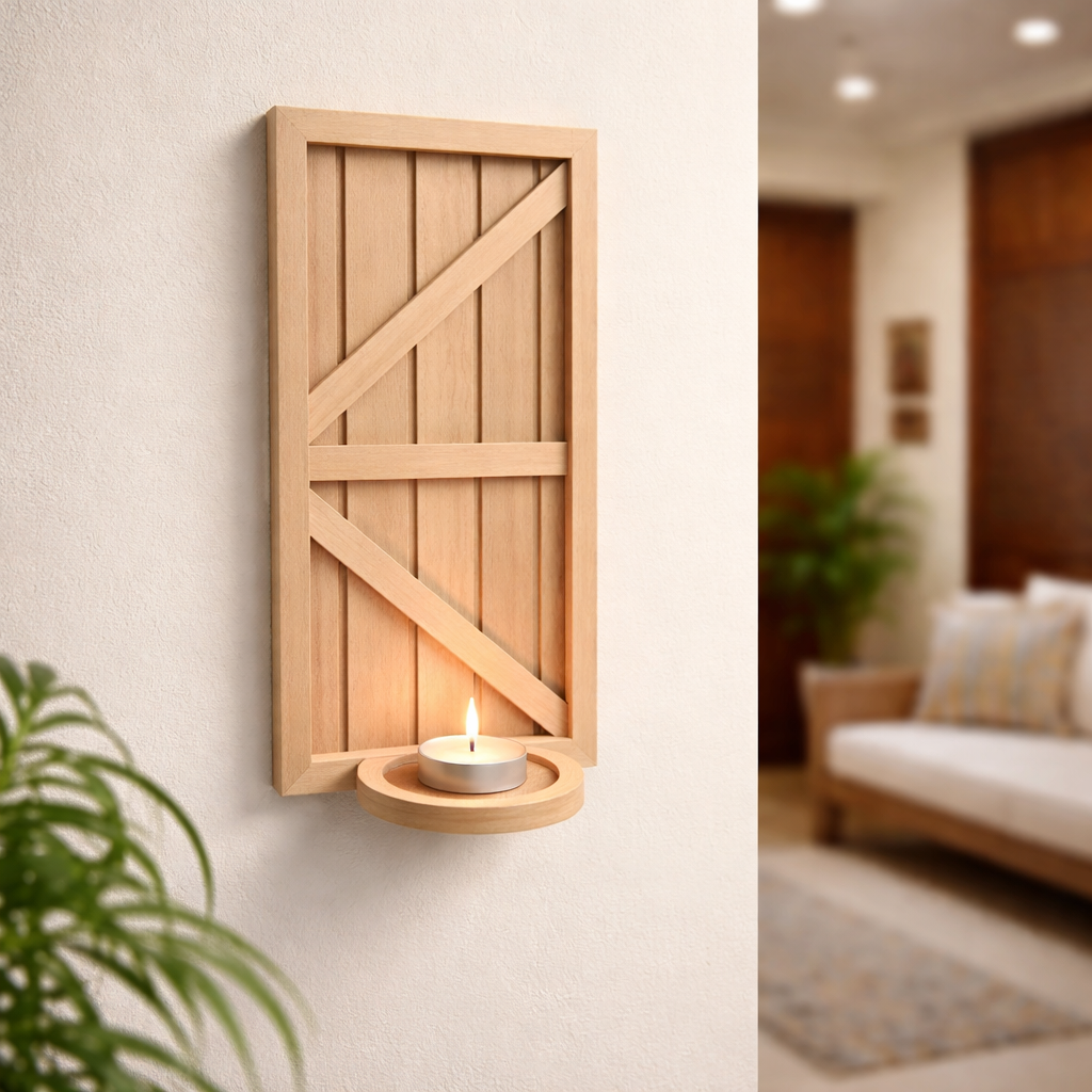 Unpainted MDF wall-mounted DIY sconce with rustic panel design and round tealight candle holder for home decor and craft painting.