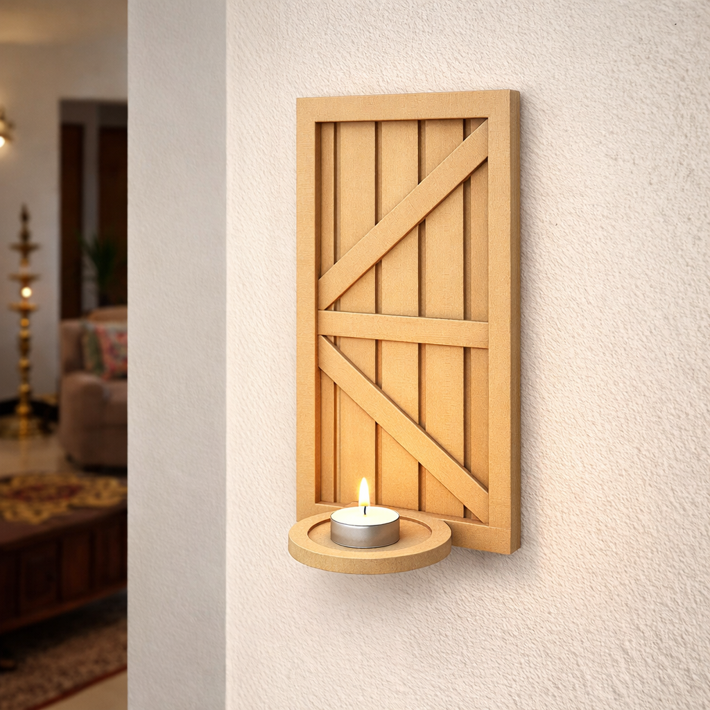 Unpainted MDF wall-mounted DIY sconce with rustic panel design and round tealight candle holder for home decor and craft painting.