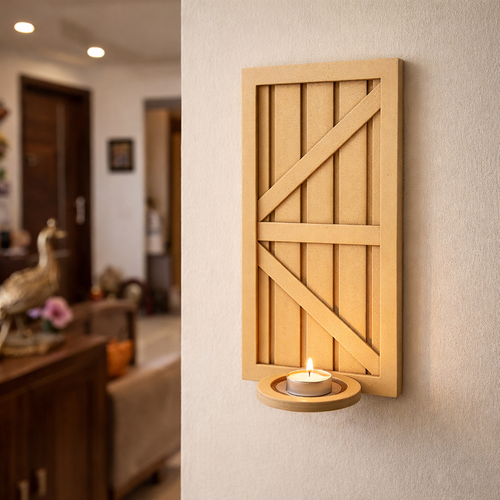 Unpainted MDF wall-mounted DIY sconce with rustic panel design and round tealight candle holder for home decor and craft painting.