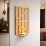 Unpainted MDF wall-mounted DIY sconce with rustic panel design and round tealight candle holder for home decor and craft painting.