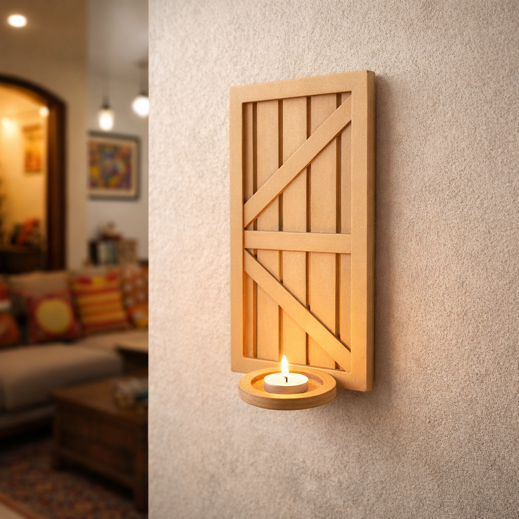 Unpainted MDF wall-mounted DIY sconce with rustic panel design and round tealight candle holder for home decor and craft painting.