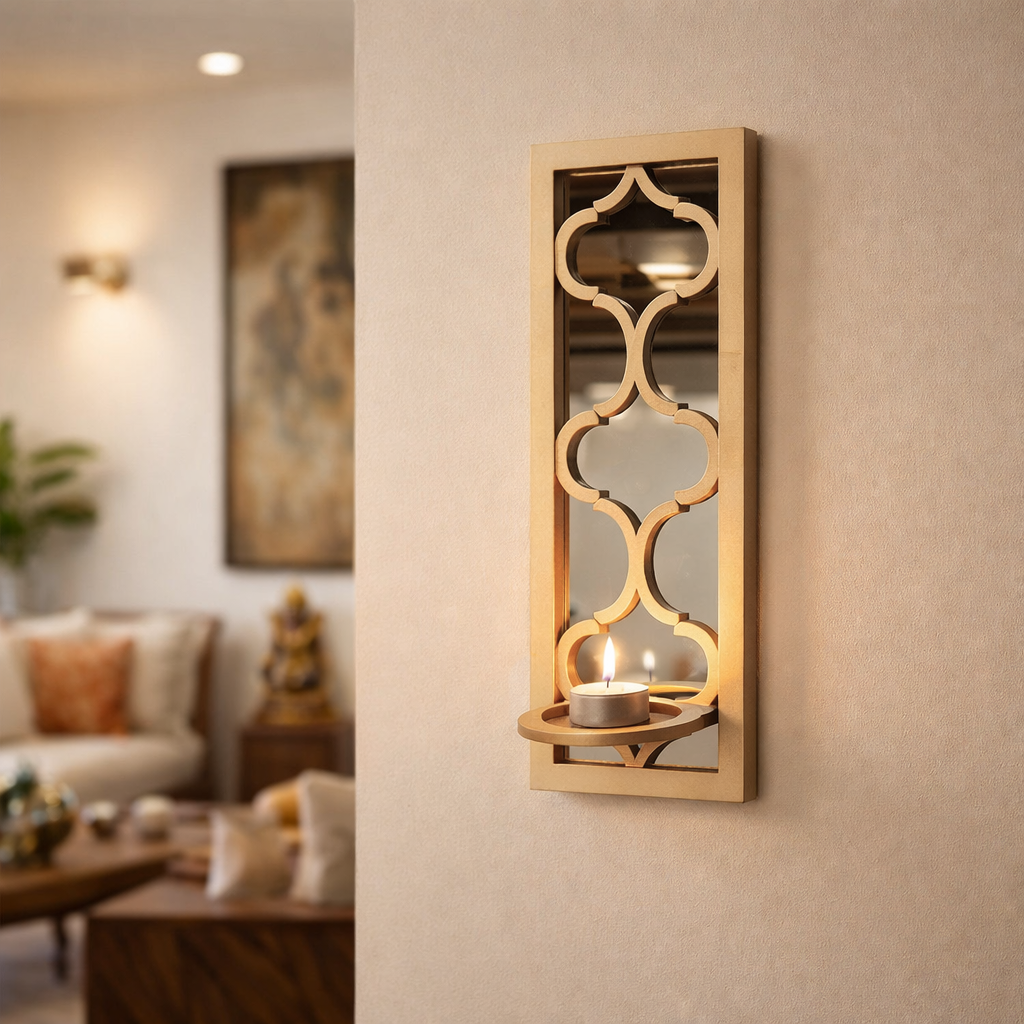 Unpainted MDF wall-mounted DIY sconce with decorative arched mirror panel and tealight candle holder for home decor and craft painting.