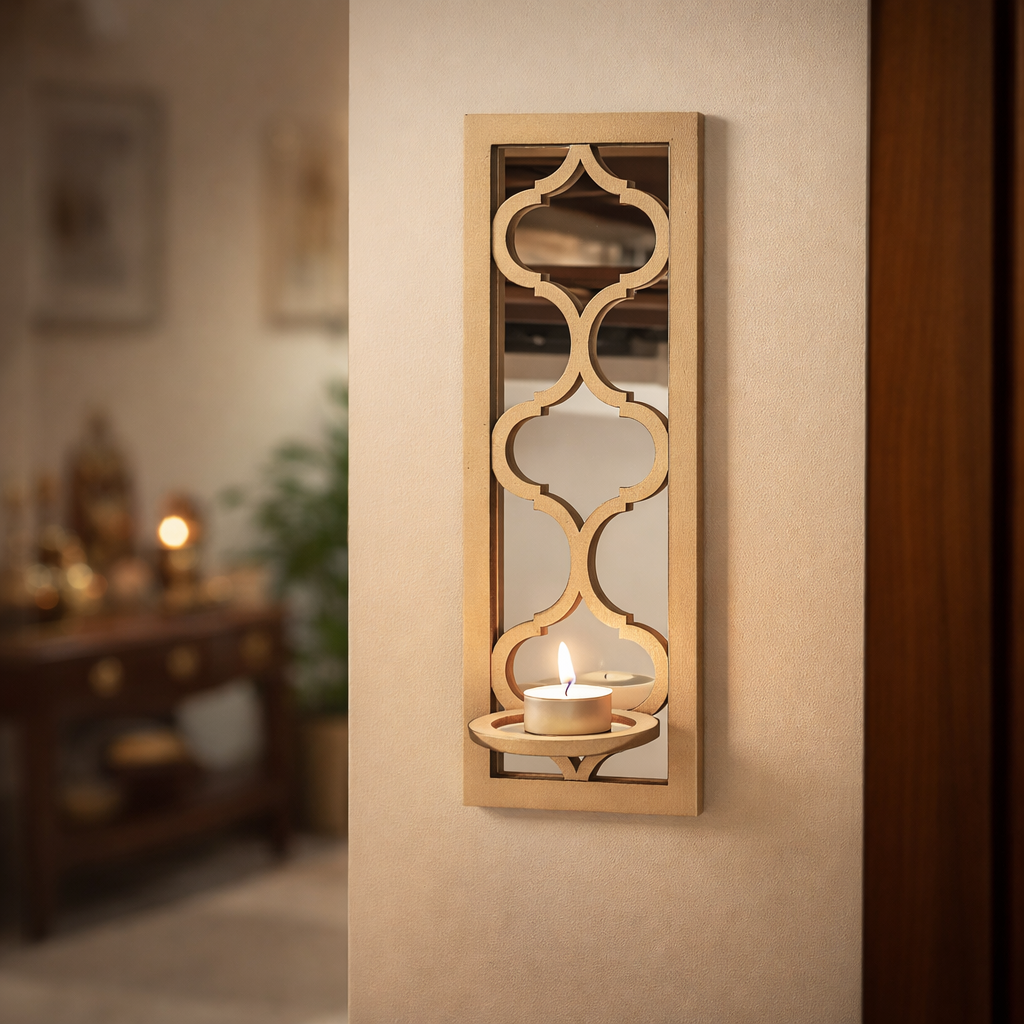Unpainted MDF wall-mounted DIY sconce with decorative arched mirror panel and tealight candle holder for home decor and craft painting.