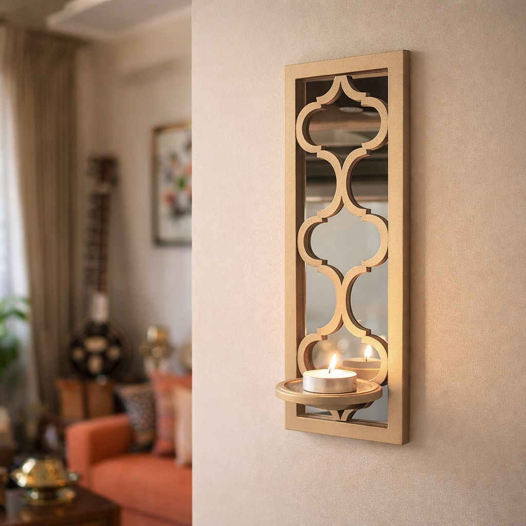 Unpainted MDF wall-mounted DIY sconce with decorative arched mirror panel and tealight candle holder for home decor and craft painting.