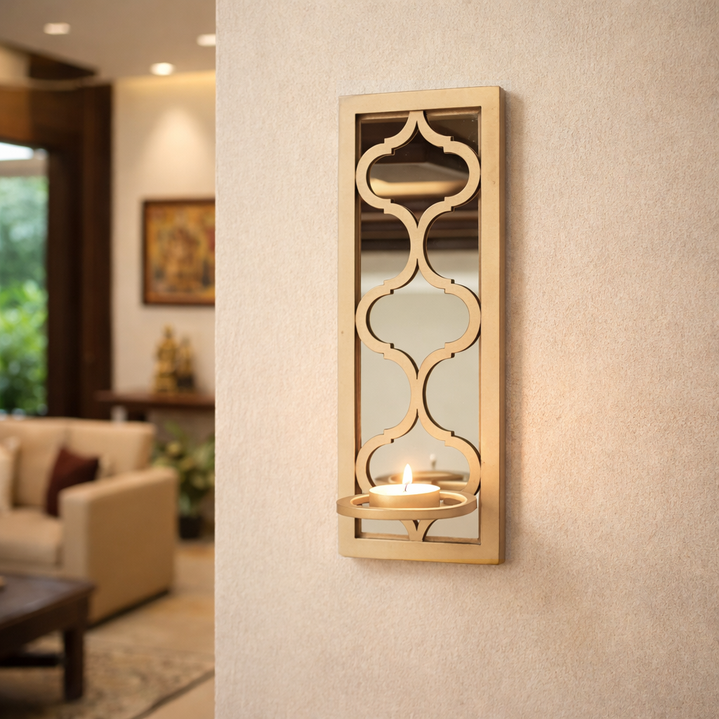 Unpainted MDF wall-mounted DIY sconce with decorative arched mirror panel and tealight candle holder for home decor and craft painting.