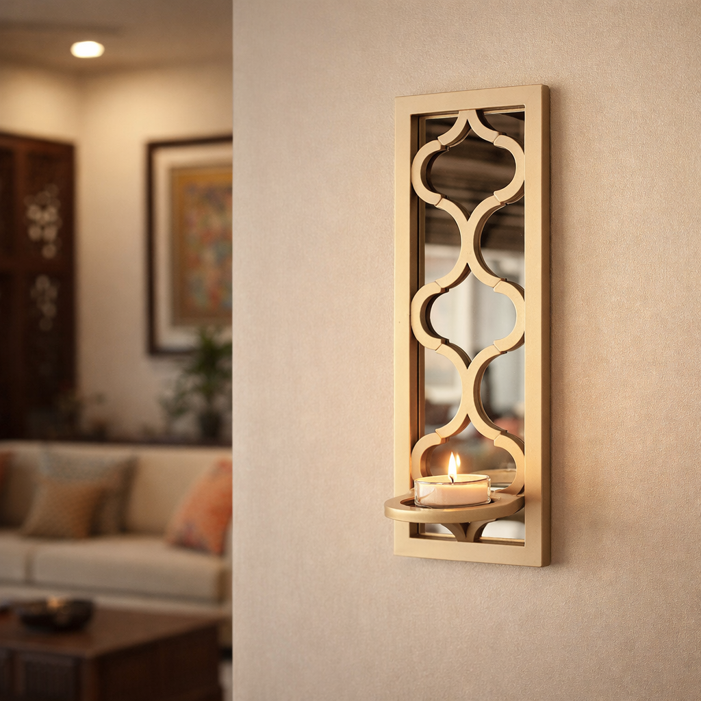 Unpainted MDF wall-mounted DIY sconce with decorative arched mirror panel and tealight candle holder for home decor and craft painting.
