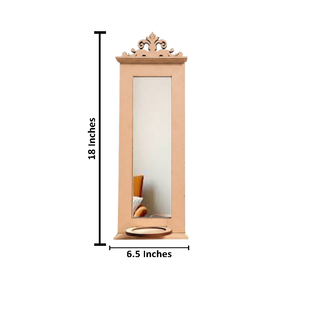 Unpainted MDF wall-mounted DIY sconce with tall mirror panel, decorative top carving, and round tealight candle holder for minimalist home decor and craft painting with size