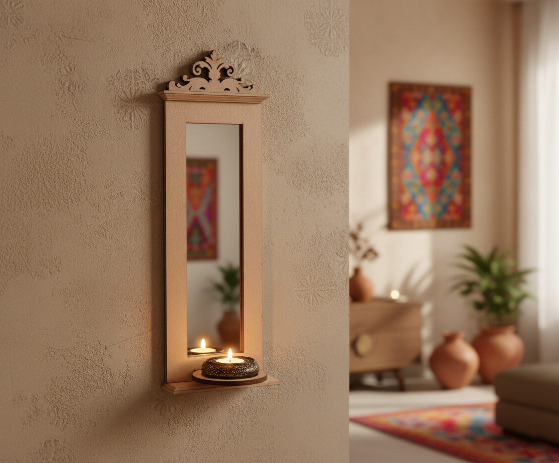 Unpainted MDF wall-mounted DIY sconce with tall mirror panel, decorative carved top, and shelf holding tealight candles for home decor and craft painting.