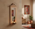 Unpainted MDF wall-mounted DIY sconce with tall mirror panel, decorative carved top, and shelf holding tealight candles for home decor and craft painting.