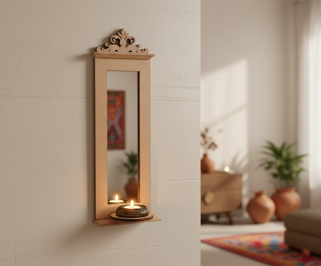 Unpainted MDF wall-mounted DIY sconce with tall mirror panel, decorative carved top, and shelf holding tealight candles for home decor and craft painting.