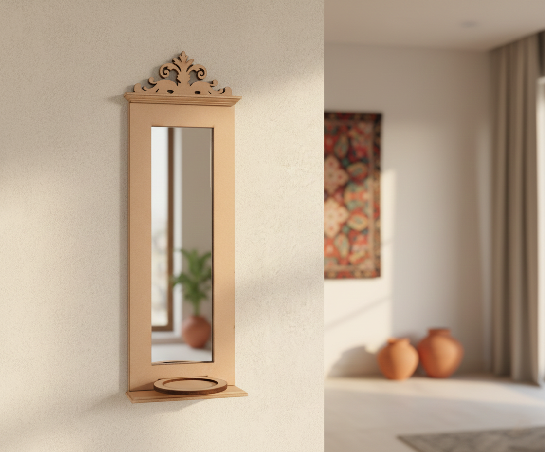 Unpainted MDF wall-mounted DIY sconce with tall mirror panel, decorative top carving, and round tealight candle holder for minimalist home decor and craft painting