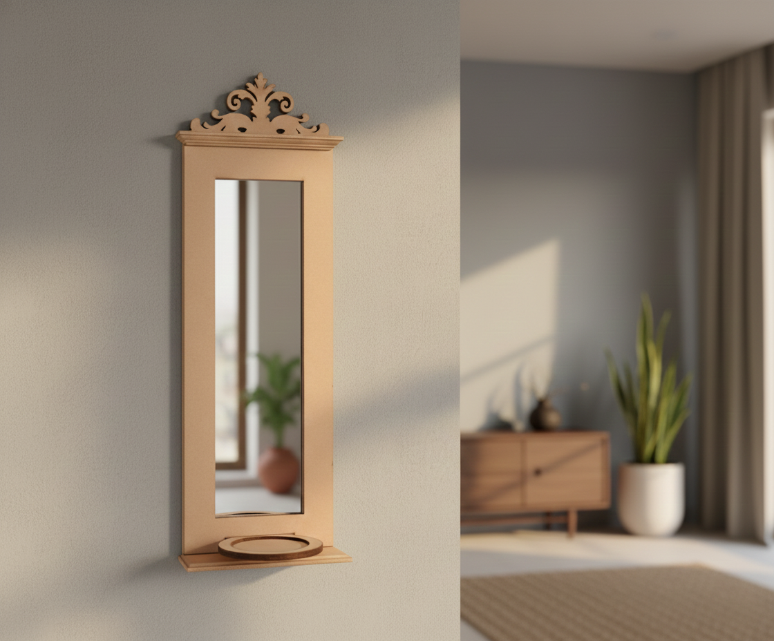 Unpainted MDF wall-mounted DIY sconce with tall mirror panel, decorative top carving, and round tealight candle holder for minimalist home decor and craft painting