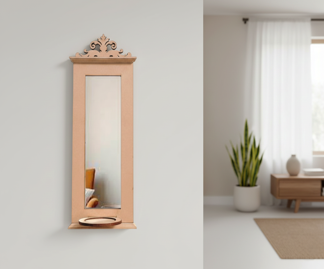 Unpainted MDF wall-mounted DIY sconce with tall mirror panel, decorative top carving, and round tealight candle holder for minimalist home decor and craft painting