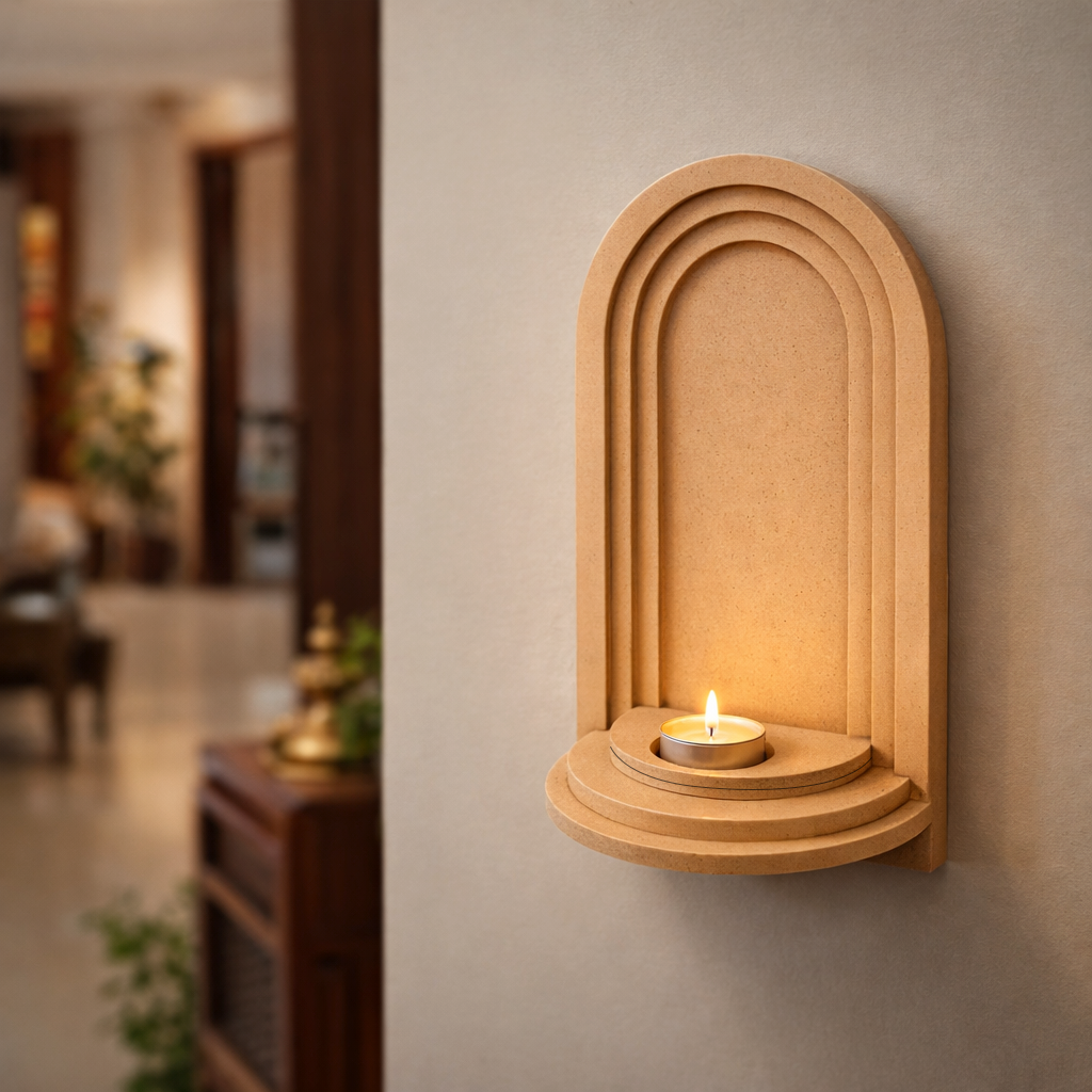 Unpainted MDF wall-mounted DIY sconce with layered arch design and tealight candle holder for elegant home decor and craft painting.