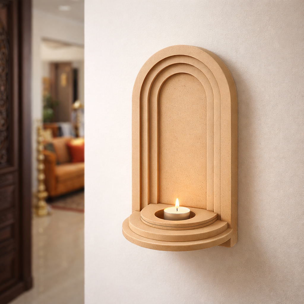 Unpainted MDF wall-mounted DIY sconce with layered arch design and tealight candle holder for elegant home decor and craft painting.