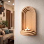 Unpainted MDF wall-mounted DIY sconce with layered arch design and tealight candle holder for elegant home decor and craft painting.