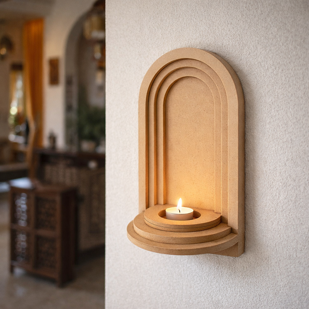 Unpainted MDF wall-mounted DIY sconce with layered arch design and tealight candle holder for elegant home decor and craft painting.