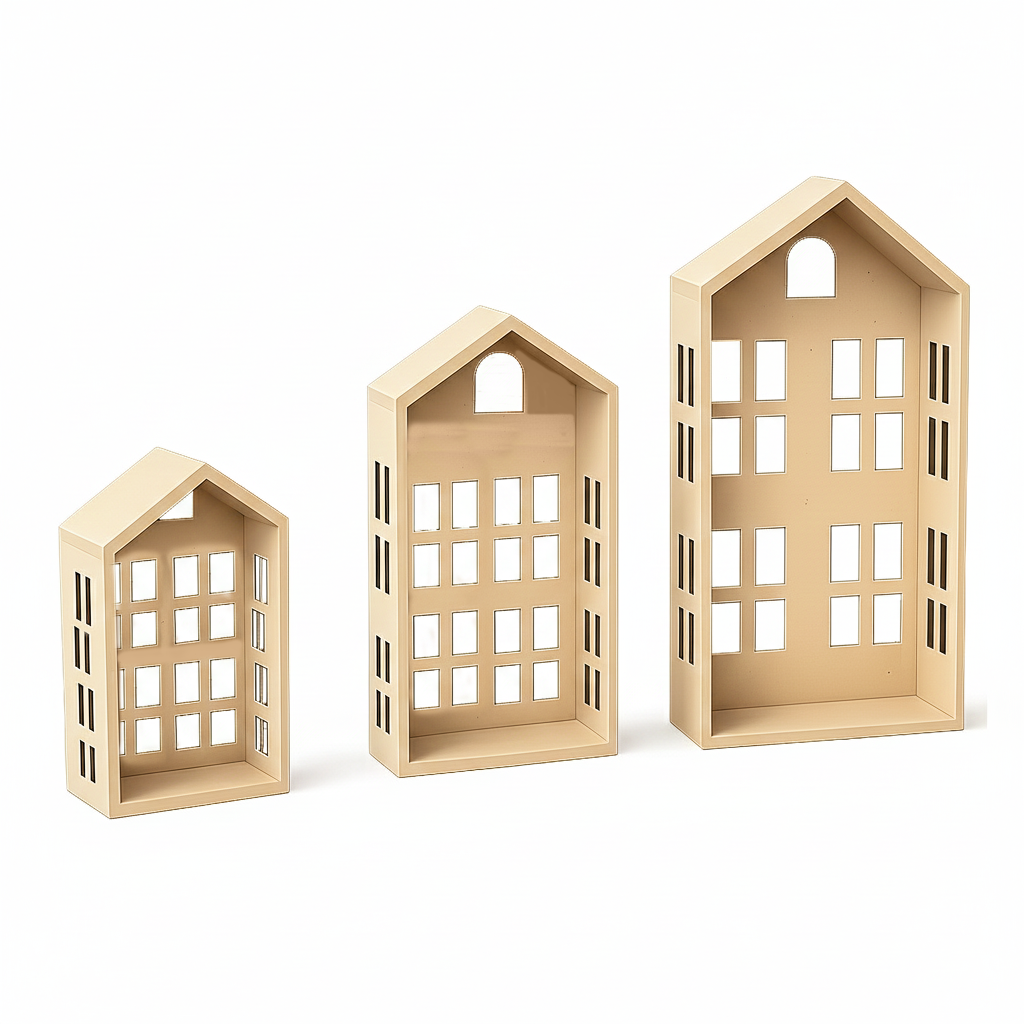 set of 3 DIY MDF House Shape Wall Shelf Set for Decor & Craft laser cut MDF wall shelves for painting, decoupage and DIY decoration.