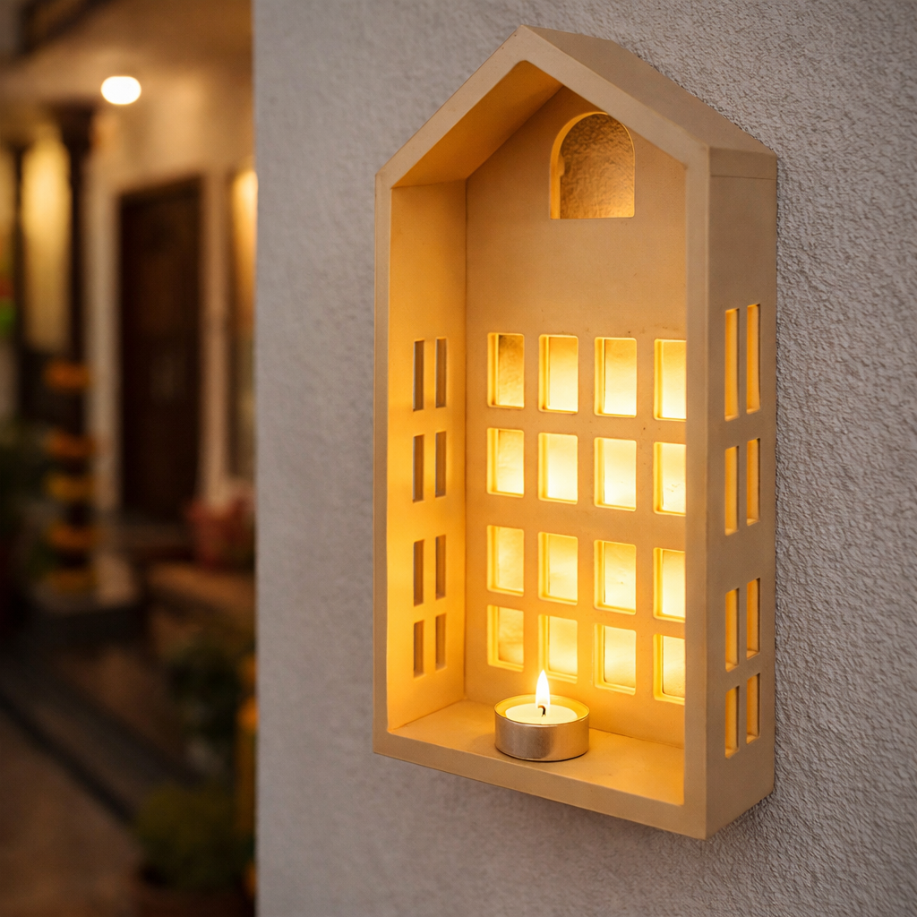 Decorative wall light shaped like a house with a candle inside, mounted on a wall.